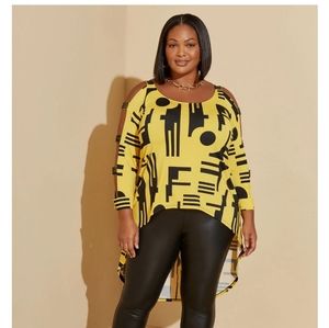 NWT Ashley Stewart Embellished Printed Hi Low Top in Yellow and Black Size 18/20